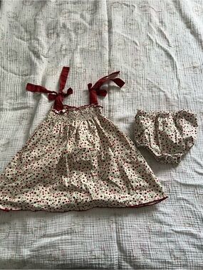 Edgehill Collection Cream Dress with Red Cherry Print and Red Tie Straps